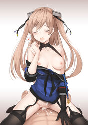 1boy abs black_gloves blush breasts brown_hair closed_eyes cowgirl_position cum cum_in_pussy dkaze female garter_straps gloves hair_ornament heart highres johnston_(kantai_collection) kantai_collection medium_breasts no_bra no_panties off_shoulder open_mouth pov pussy_juice sex single_glove solo_focus spoken_heart straddling straight thighhighs two_side_up vaginal_penetration