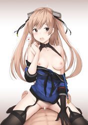 1boy abs black_gloves blush breasts brown_eyes brown_hair censored cowgirl_position dkaze female garter_straps gloves hair_ornament heart highres johnston_(kantai_collection) kantai_collection looking_at_viewer medium_breasts no_bra no_panties off_shoulder open_mouth pov pussy_juice sex single_glove solo_focus spoken_heart straddling straight thighhighs two_side_up vaginal_penetration