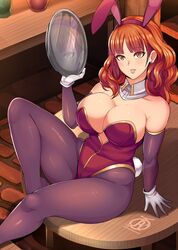 1girls alternate_costume breast bunny_costume bunny_ears bunny_girl celica_(fire_emblem) color earrings egg female fire_emblem fire_emblem_echoes:_shadows_of_valentia fire_emblem_gaiden gloves halloween lipstick nintendo red_eyes red_hair revolverwingstudios table