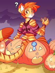 ? anthro ass big_ass cookie feline female female_focus female_only green_eyes halloween jack-o'-lantern jaeh looking_back loree original original_character pumpkin_butt ribbon shorts sitting tail