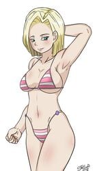 1girls android android_18 bikini bikini_top blue_eyes breasts clavicle cleavage dragon_ball dragon_ball_super dragon_ball_z female female_only full_color high_resolution medium_breasts simple_background smile solo solo_female steca swimsuit thelazyart white_background
