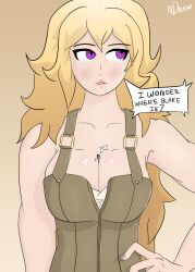 2022 between_labia blake_belladonna cleavage dialogue giant giantess large_breasts macro micro ndrea ndreaart rwby size_difference text unaware yang_xiao_long