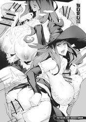 ass bare_shoulders breasts bukkake buru censored cleavage clothed_sex cum cum_on_body cum_on_breasts cum_on_upper_body detached_sleeves doggy_style dragon's_crown dress ejaculation erection facial female foursome gangbang greyscale group_sex hat highres huge_breasts monochrome multiple_penises nipples nude open_mouth paizuri panties panties_aside penis saliva sex sideboob sorceress_(dragon's_crown) straight strapless strapless_dress testicles underwear vaginal_penetration witch_hat