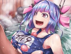 1boy bangs bath blue_hair blue_swimsuit bow breasts female gradient_hair headgear huge_breasts i-19_(kantai_collection) kantai_collection multicolored_hair name_tag nipples oerba_yun_fang onboro_(clunker) onsen open_mouth paizuri paizuri_under_clothes penis pink_bow pink_eyes pink_hair puffy_nipples school_swimsuit sidelocks solo_focus star star-shaped_pupils straight swimsuit symbol-shaped_pupils tongue torn_clothes torn_swimsuit tri_tails wet wet_clothes