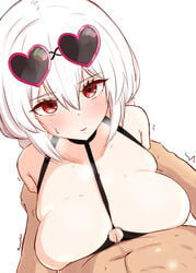 1boy 1girls arm_grab azur_lane bangs bikini black_bikini blush breasts choker cleavage closed_mouth collarbone commentary cum cum_in_cleavage cum_on_body cum_on_breasts cum_on_upper_body donutman eyebrows_visible_through_hair eyewear_on_head female hair_between_eyes heart heart-shaped_eyewear heavy_breathing highres large_breasts light-skinned_female light-skinned_male light_skin looking_at_viewer navel o-ring o-ring_top outercourse paizuri pink-framed_eyewear pov red_eyes royal_navy_(azur_lane) short_hair short_twintails simple_background sirius_(azur_lane) sirius_(scorching-hot_seirios)_(azur_lane) straight sunglasses sunglasses_on_head sweat sweatdrop swimsuit trembling twintails white_background white_hair