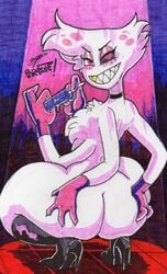 1boy angel_dust_(hazbin_hotel) ass ass_grab big_ass big_butt blush blushing demon demon_boy exposed_ass femboy furry gloves hazbin_hotel heels looking_back male male_only multi_arm multi_limb parasitedeath popsicle smiling smooth_skin squatting vivienne_medrano white_skin