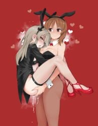 2d 2d_(artwork) 2girls absurdres animal_ears ankle_strap ankle_strap_heels aomushi_(mushamusha) ass_grab bangs black_leotard breasts brown_eyes brown_hair bunny_ears bunny_girl bunnysuit carrying collar detached_collar eyebrows_visible_through_hair fake_animal_ears fishnet_pantyhose fishnets futa_on_female futanari girls_und_panzer hairband heels high_heels highres implied_futanari large_breasts leotard light_brown_eyes light_brown_hair long_hair looking_at_viewer multiple_girls nishizumi_miho pantyhose pussy_juice red_background red_footwear shimada_arisu short_hair suspended_congress tears thighhighs tongue wrist_cuffs