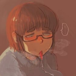 ... 1girls after_fellatio bangs blue_sweater blush bob_cut breasts brown_hair clothing cum cum_in_mouth cum_string eyebrows_visible_through_hair female female_only glasses half-closed_eyes heavy_breathing highres jimiko large_breasts light-skinned_female light_skin looking_down open_mouth original ribbed_sweater saliva saliva_string sanpaku shikakuiya short_hair solo speech_bubble spoken_ellipsis steam steamy_breath sweat sweater thick_eyebrows tongue tongue_out turtleneck white_skin