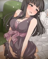 1boy bangs bare_shoulders black_dress black_hair blunt_bangs blush bottomless bracelet breasts brown_eyes cleavage clothed_sex couch cowgirl_position dress eyebrows_visible_through_hair faceless faceless_male female flying_sweatdrops hands_on_lap idolmaster idolmaster_cinderella_girls indoors jewelry kurokawa_chiaki long_hair looking_at_another medium_breasts necklace open_mouth pearl_necklace reverse_upright_straddle sex shirt sitting sitting_on_lap sitting_on_person sleeveless sleeveless_dress solo_focus spread_legs straddling straight sweat tomu_(tomubobu) white_shirt