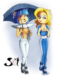 2girls anthro areolae bandicoot blonde_hair blue_eyes blue_hair breasts breasts_out busty crash_(series) crash_team_racing female female_focus female_only isabella_bandicoot long_hair megumi_bandicoot multiple_girls nipples sebnmickarts short_hair standing wide_hips