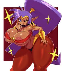 2019 areolae big_breasts blue_eyes dark-skinned_female dark_skin earrings harem_pants huge_ass huge_breasts jewelry long_ears long_hair looking_at_viewer naughty_face nipples open_mouth purple_hair seductive seductive_look seductive_smile shantae shantae_(character) smile smooth_skin solo sssonic2 standing thick_thighs wide_hips wide_thighs