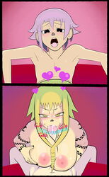 1boy 1girls black_eyes blonde_hair breasts crona_(soul_eater) fellatio female heart incest large_breasts male medusa_gorgon mother_and_son nude oral_sex paizuri pink_hair pov sfx soul_eater sound_effects yellow_eyes