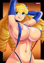 areola_slip areolae armpits arms_behind_head bikini blonde_hair blue_eyes breasts drill_hair elbow_gloves eyebrows_visible_through_hair female female_only huge_breasts large_breasts licking_lips long_gloves long_hair looking_at_viewer marine_a_go-go navel nipples sling_bikini south_pole_one stevechopz swimsuit watermark