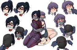 2girls angry back_to_back black_hair bondage bound bound_ankles bound_arms bound_together bound_torso breasts chizuru_sakamoto cleave_gag cloth_gag clothed covered_face female femsub gag gag_sequence gagged glasses kneeling multiple_girls multiple_subs original purple_hair putting_on_gag restrained rope rope_bondage ryner-e stuffed_mouth_gag tape tape_bondage tape_gag taped_mouth taped_together tied_up x-gag