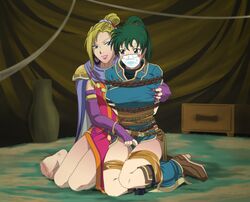 2girls arms_behind_back blonde_hair blue_eyes blush bondage bound breasts calill_(fire_emblem) crotch_rope femdom femsub fire_emblem fire_emblem:_path_of_radiance fire_emblem:_radiant_dawn fire_emblem:_the_blazing_blade gag gagged green_eyes green_hair groping ktu-lu lyn_(fire_emblem) lyndis_(fire_emblem) multiple_girls no_shoes pantyhose rope shoes_removed tape tape_gag thighs tied_up yuri