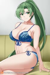 1girls aslindsamure ass bangs bare_shoulders blue_bra blue_panties bra breasts cleavage closed_mouth collarbone couch edit female fire_emblem fire_emblem:_the_blazing_blade green_eyes green_hair highres large_breasts long_hair looking_at_viewer lyn_(fire_emblem) lyndis_(fire_emblem) navel nintendo panties photoshop ponytail side-tie_panties sitting smile solo thighs underwear