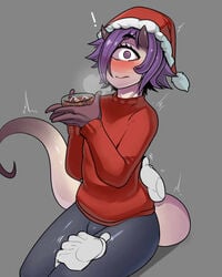 1_eye 1boy ansel_(anaid) bulge christmas_hat clothed clothing disembodied_hands femboy foreplay fully_clothed girly horned_tailclops horns humanoid krekk0v male male_focus male_only original pale_skin purple_hair rubbing_leg sitting solo_focus sweater tagme tail tight_clothing trap