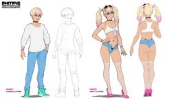 1boy androgynous ass before_and_after bimbo blonde_hair blue_eyes character_sheet choker comparison crop_top crossdressing dmitrys eyeshadow eyewear_on_head femboy girly hand_on_hip high_heels highlights light-skinned_femboy lipstick makeup male male_only nail_polish peach_(dmitrys) pink_footwear short_shorts sissy sneakers solo sunglasses thong trap twintails