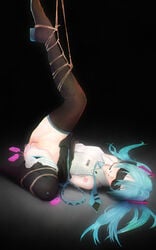 arms_behind_back ass bangs bare_shoulders black_background black_footwear blindfold blue_hair blue_neckwear blue_panties bondage boots bound bound_legs commentary_request controller drooling female femsub hair_ornament hatsune_miku highres leg_lift leg_up long_hair lying miniskirt necktie nipple_bulge number_tattoo numbered object_insertion on_back open_mouth panties panties_around_one_leg pink_vibrator pleated_skirt po-i-mu pussy remote_control remote_control_vibrator rope saliva shirt simple_background skirt skirt_lift sleeveless sleeveless_shirt solo spread_legs striped striped_panties tattoo thigh_boots thighhighs tied_hair twintails uncensored underwear vaginal_object_insertion vaginal_penetration vibrator vibrator_in_pussy vocaloid white_shirt