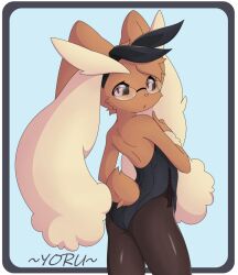 1boy anthro back_to_viewer black_stockings bunny_boy corset femboy furry glasses glasses_on_face head_band lagomorph long_stockings lopunny male_only pokémon_(species) pokemon pokemon_(species) stockings thighs tight_clothes tight_clothing tight_fit tight_socks tights turned_around yoru_(yorusagi) yorusagi