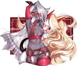 2024 2girls absurdres artist_name blonde_hair blush breast_sucking breasts canon_couple charlie_morningstar_(hazbin_hotel) demon demon_form demon_girl demon_horns demon_tail female female_only femdom femsub finger_in_mouth garter_straps grey_skin hazbin_hotel heart heart-shaped_pupils highres horns lezdom liliryuuka lingerie lipstick lipstick_mark long_hair missing_eye nipples open_mouth pale-skinned_female pale_skin pointy_ears pussy pussy_juice red_eyes saliva small_breasts stockings tail tail_wrap thighhighs vaggie_(hazbin_hotel) watermark white_hair yellow_eyes yuri