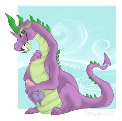 aged_up amanda_(artist) anthro dragon feral friendship_is_magic genitals green_body green_eyes green_skin hasbro long_hair male male_only my_little_pony penis purple_body purple_skin sharp_teeth slit smile solo spike_(mlp) spikes teeth