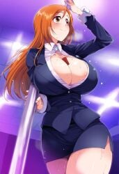 ai_generated alternate_costume blazer bleach bleach:_the_thousand-year_blood_war bodily_fluids brzezy busty cleavage condom condom_between_breasts embarrassed formal_clothes holding_object holding_pole hourglass_figure inoue_orihime long_hair musk nai_diffusion office_lady oppai orange_hair pole pole_dancer pole_dancing shirt show shy skirt smile stable_diffusion standing strip_club stripper stripper_pole sweat sweatdrop very_long_hair