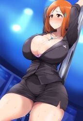 ai_generated alternate_costume bleach bleach:_the_thousand-year_blood_war bodily_fluids brzezy busty cleavage embarrassed exotic_dancer formal_clothes holding_object holding_pole hourglass_figure inoue_orihime long_hair nai_diffusion necklace nightclub office_lady oppai orange_hair pole pole_dancer pole_dancing shirt show shy skirt smile stable_diffusion standing strip_club stripper stripper_pole sweat sweatdrop very_long_hair