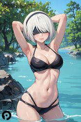ai_generated armpits arms_behind_head arms_up bangs bikini black_bikini black_blindfold black_hairband blindfold blush breasts cleavage collarbone covered_eyes cowboy_shot day facing_viewer female female_only hairband medium_breasts mole mole_under_mouth navel nier nier:_automata nier_(series) outdoors pikkiwynn short_hair solo stomach swimsuit tree wading water white_hair yorha_2b