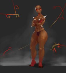 crossed_arms demon doom femboy gay girly imp imp_(doom) ionk_(artist) male red_eyes runes spikes thick_thighs thong two_toes