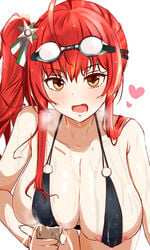 1boy ahoge areola_slip areolae azur_lane bangs bikini black_bikini blush breasts cleavage collarbone covered_nipples cum donutman ejaculation eyebrows_visible_through_hair female goggles goggles_on_head hair_ornament handjob hanging_breasts heart heavy_breathing highres large_breasts leaning_forward looking_at_viewer o-ring o-ring_bikini open_mouth orange_eyes penis red_hair shiny shiny_skin side_ponytail simple_background smile straight swimsuit thigh_gap wet white_background zara_(azur_lane) zara_(poolside_coincidence)_(azur_lane)