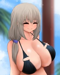 1girls bikini blue_eyes breasts female grey_hair hi_res hips huge_breasts light-skinned_female light_skin long_hair massive_breasts mature_female milf mother naughty_face outdoors side_ponytail simple_background the_only_shoe thick_thighs thighs uzaki-chan_wa_asobitai! uzaki_tsuki wide_hips