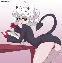 1girls 2020 ass bent_over bent_over_table big_ass bigdeadalive demon demon_girl demon_horns demon_tail eyewear female female_only glasses hair helltaker horns huge_ass office_lady pandemonica_(helltaker) panties pen pencil_skirt red_eyes red_panties short_hair skirt solo solo_female tail thighs white_hair