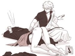 2boys 9tat9 ass ass_up discarded_clothing face_down_ass_up feet full_body fundoshi gay geta gintama gintoki_sakata male male_only restricted_palette sakamoto_tatsuma underwear_pull yaoi