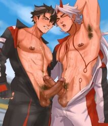 2boys abs anime_style arataki_itto armpit_hair balls ballsack biker_clothes black_hair body_hair chest_hair cock dick gay genital_fluids genitals genshin_impact hairy_male human human_only looking_at_viewer lowres male male/male male_focus male_only massive_penis muscles muscular muscular_male orgasm orgasm_face peeing peeing_on_another peeing_together piss pissing pissing_on_another smile smiling smirk smirking sombre_slahc uncensored urinating urinating_male urination urine white_hair wriothesley_(genshin_impact) yaoi