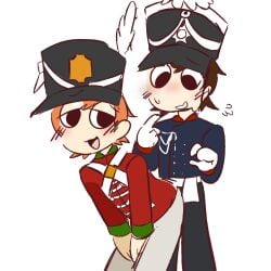 2boys barry_(guts_and_blackpowder) bent_over black_eyes black_pants blue_shirt blush british brown_hair clothed flustered gay ginger gloves grey_pants guts_and_blackpowder prussian prussian_officer_(guts_and_blackpowder) red_shirt roblox roblox_game robloxian shako_cap tagme teaparty_(ship) teapartyfan teasing white_sash yaoi