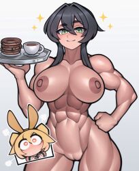 2girls abs big_breasts black_hair blonde_hair breakfast casual_nudity coffee color donuts female female_focus female_only fit_female grey_eyes hi_res large_breasts light-skinned_female light_skin multiple_girls muscles muscular muscular_arms muscular_female muscular_legs muscular_thighs nipples nude nude_female original_character pussy roadi3 short_hair solo_female tagme thick_thighs