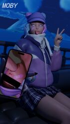 3d bandage bandage_on_face blowjob couch couch_sitting eyes_covered eyes_crossed female female_focus fortnite hat leelah_(fortnite) looking_at_viewer male moby_(artist) multicolored_hair peace_sign tagme tongue tongue_out