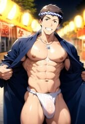 1boy ai_generated brown_hair bulge festival hatopo005 idolmaster idolmaster_side-m male_focus male_only penis public robe shingen_seiji solo underwear undressing