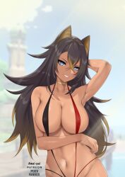 1girls amai-pai big_breasts bikini blue_eyes breasts brown_hair dark-skinned_female dehya_(genshin_impact) female genshin_impact hair_intakes large_breasts mostly_nude multicolored_hair sling_bikini slingshot_swimsuit solo solo_female swimsuit yellow_hair