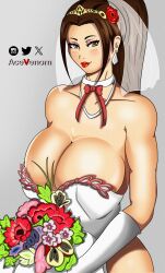 big_breasts breasts bride brown_eyes brown_hair earrings fatal_fury full_color full_colour king_of_fighters kof lipstick mai_shiranui rose_(flower) roses tiara twitter_username wedding wedding_dress wedding_veil white_background white_clothing wife