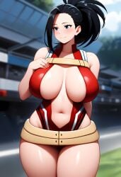 ai_due ai_generated bare_legs big_breasts big_thighs black_hair blue_eyes curvaceous curvy_female hero_outfit_(mha) large_breasts momo_yaoyorozu my_hero_academia ponytail shounen_jump thick_thighs