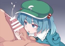 1boy bar_censor blue_eyes blue_hair censored clothed_female_nude_male commentary_request cum ejaculation female gradient_background green_hat grey_background hair_bobbles hair_ornament hammer_(sunset_beach) hat kawashiro_nitori nude penis solo_focus testicles touhou twintails veins veiny_penis