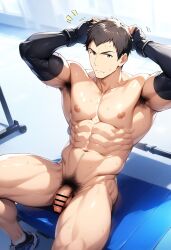 1boy ai_generated brown_hair gloves gym gym_clothes hatopo005 idolmaster idolmaster_side-m male_focus male_only muscular_male penis shingen_seiji solo sportswear