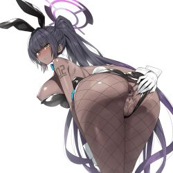 1girl 1girls animal_ears anus ass bare_shoulders bent_over black_hair black_leotard blue_archive blush breasts dark-skinned_female dark_skin detached_collar fake_animal_ears female fishnets gloves halo highleg highleg_leotard karin_(blue_archive) karin_(bunny)_(blue_archive) large_breasts leotard long_hair looking_at_viewer looking_back millennium_science_school_student munashi_mujou nipples playboy_bunny ponytail pussy rabbit_ears sidelocks solo thighs very_long_hair white_background white_gloves yellow_eyes