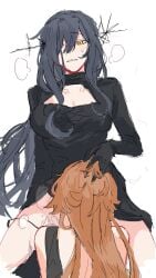 2girls arcana_(reverse:1999) black_dress black_gloves black_hair black_panties blush breasts cleavage_cutout clothing_cutout commentary cunnilingus dress druvis_iii dulinfang0503 elbow_gloves english_commentary female female_only gloves hair_over_one_eye hand_on_another's_head heavy_breathing highres implied_cunnilingus large_breasts long_hair multiple_girls oral orange_hair panties panty_pull parted_lips pussy_juice reverse:1999 simple_background smile sweatdrop underwear white_background yellow_eyes yuri