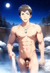 1boy abs ai_generated brown_hair hatopo005 hot_spring idolmaster idolmaster_side-m male_focus male_only outdoors penis shingen_seiji solo towel