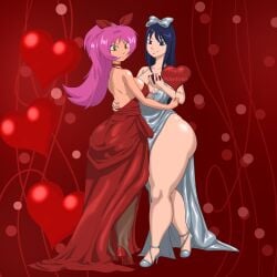 2girls alcohol baby_5 beyblade big_ass breast_size_difference chen_mao commission commission_art crossover female female_only formal_wear hair_ribbon hairbow hand_on_hip heart_background large_breasts looking_at_viewer mariah_wong megahand6 one_piece red_background red_dress red_heels silver_dress silver_high_heels small_breasts thick_thighs valentine's_day wine wine_glass