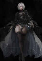 bare_thighs big_breasts bleeding_sun bob_cut gloves hair_over_one_eye high_heels long_sleeves nier nier:_automata nier_(series) panties short_hair skirt skirt_around_belly slim_waist stockings thick_thighs thighhighs white_hair wide_hips yorha_2b