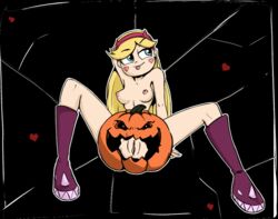 armpits blonde_hair blue_eyes bottomless breasts colorized coloured edit female_only gekasso halloween heart nipples one_arm_up pale-skinned_female petite pumpkin pussy smile smiling solo star_butterfly star_vs_the_forces_of_evil tiara tongue tongue_out topless